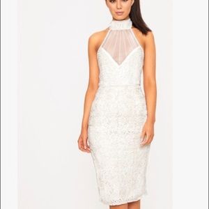 White halter-neck beaded lace midi dress